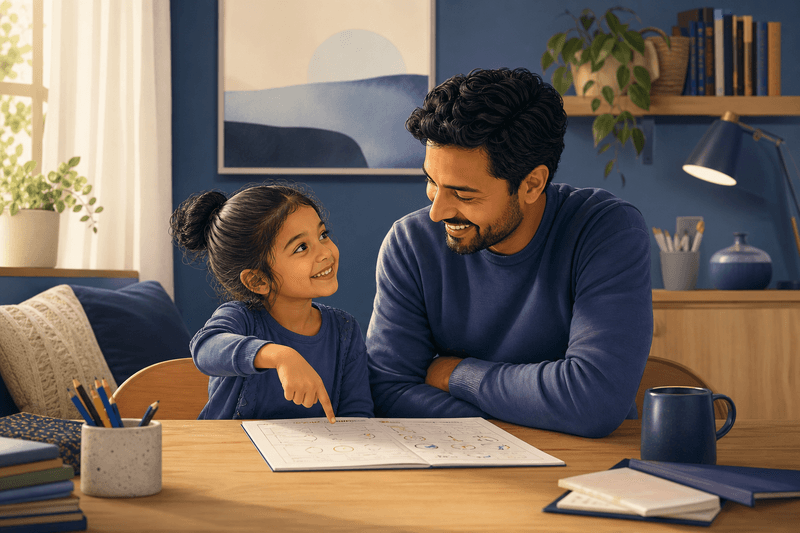 Parent and child celebrating a completed worksheet