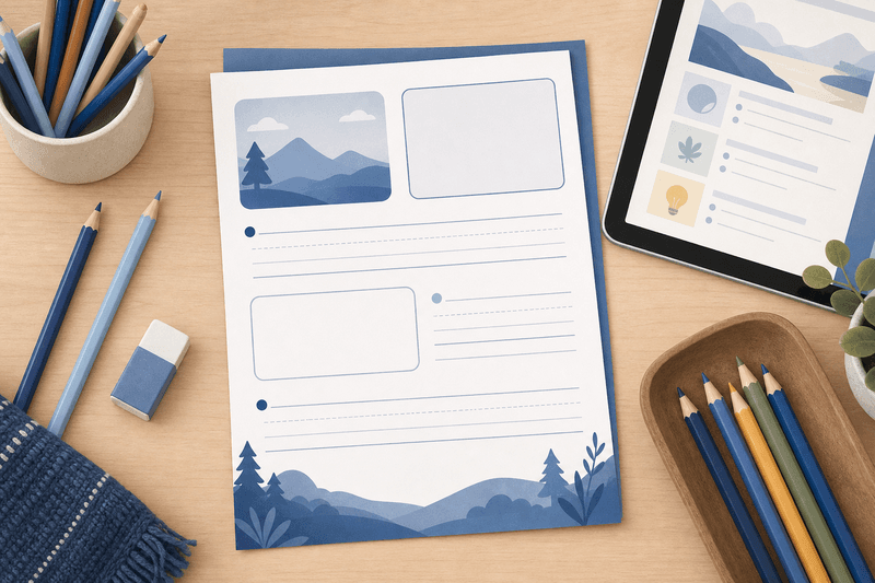 Printable worksheet, pencils, and tablet for a homeschool lesson