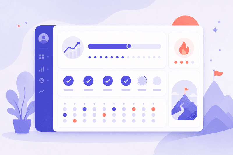 Progress dashboard with lesson checkmarks and a streak