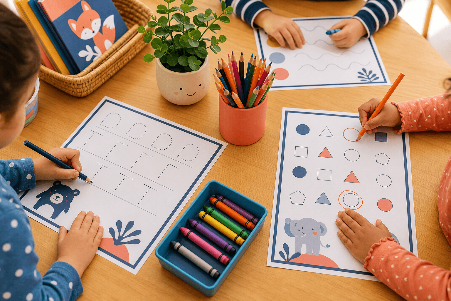 Children's hands working on printed educational worksheets with colorful pencils and crayons