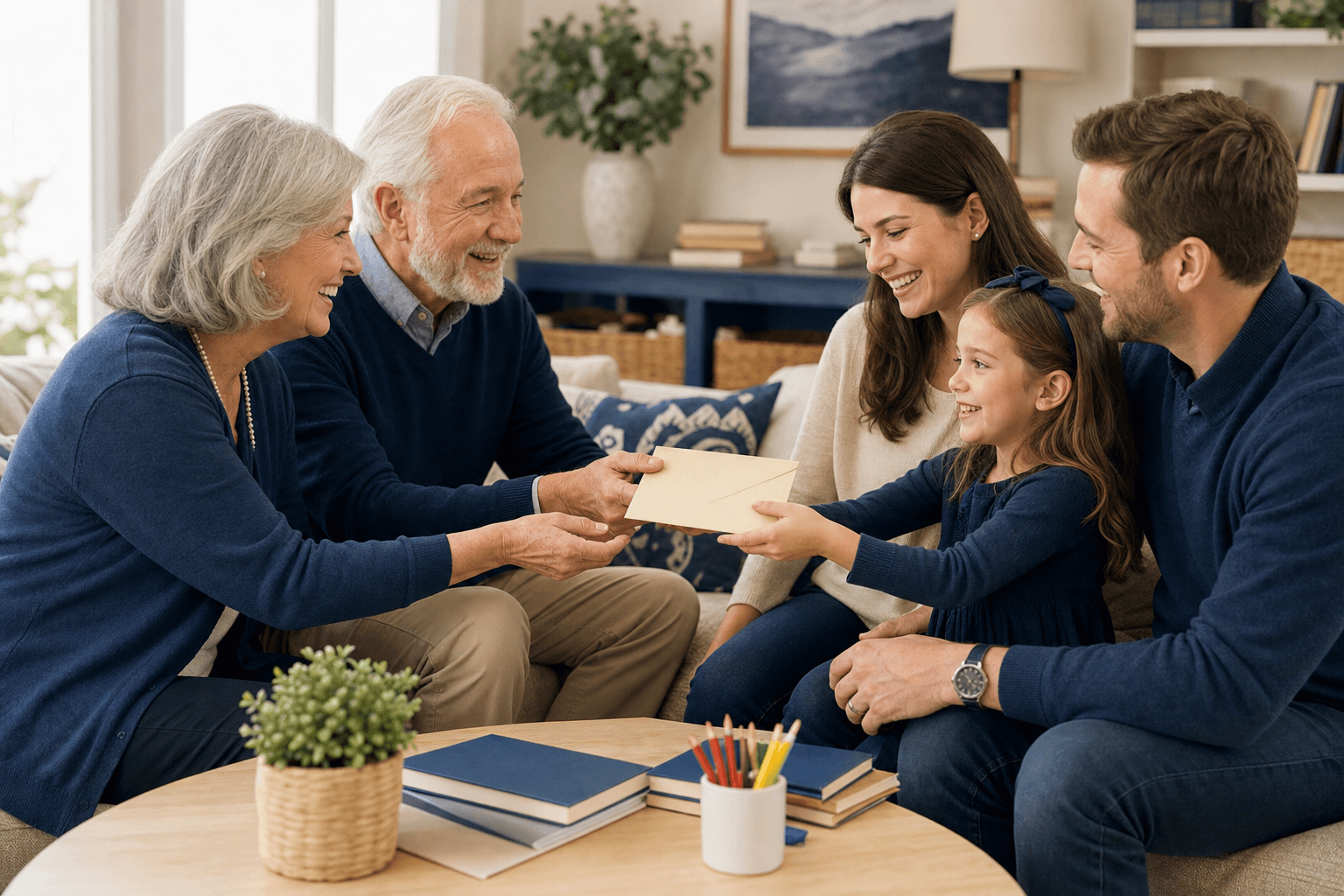 Grandparents handing a gift envelope to a young family in a cozy living room