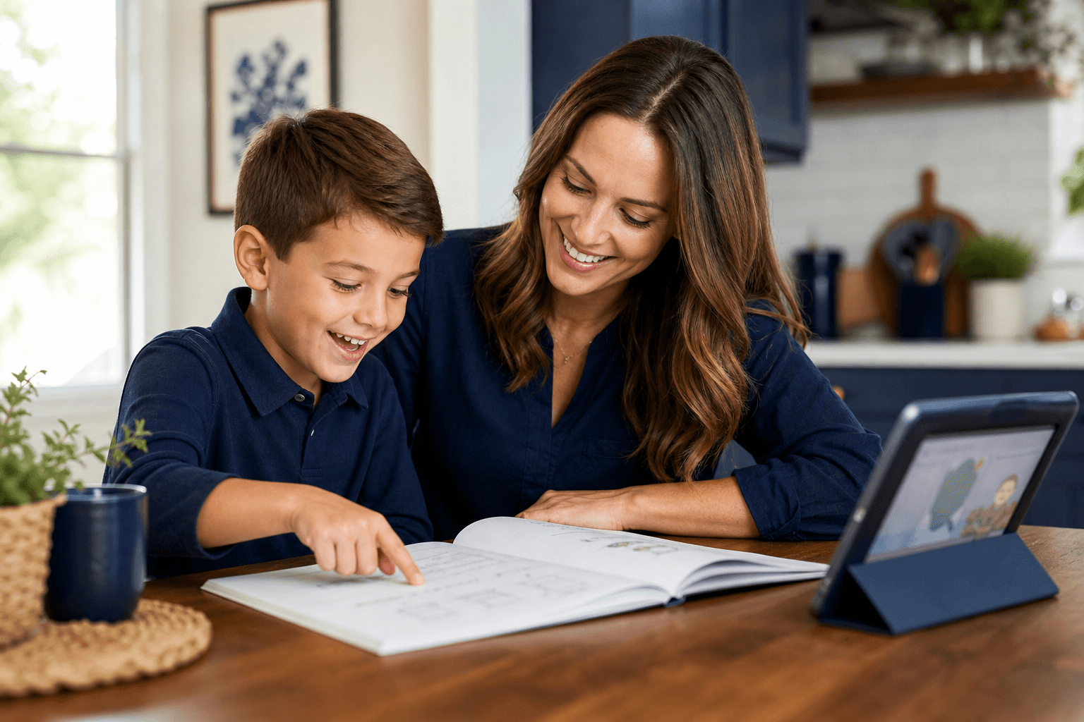 Parent and child starting a homeschool lesson together at the kitchen table